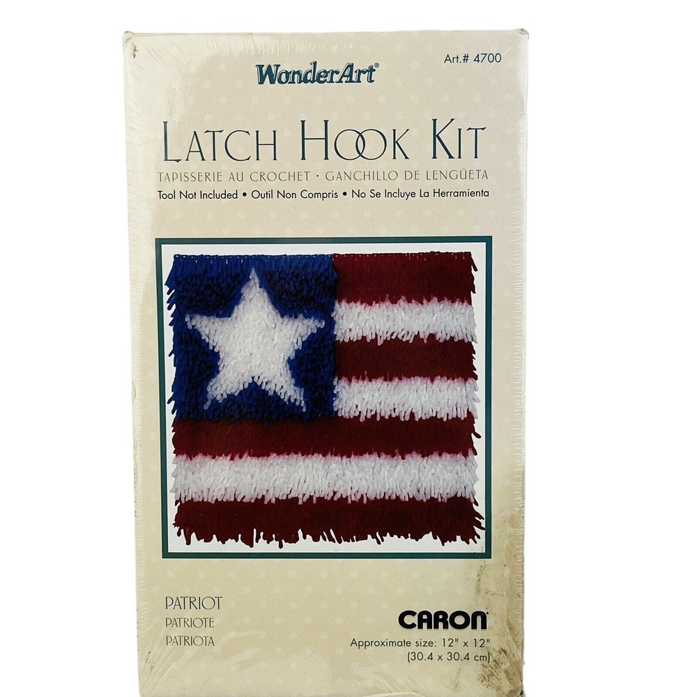 WonderArt Caron 4700 Patriot Latch Hook Kit 12x12 Red‎ White Blue Flag Made USA